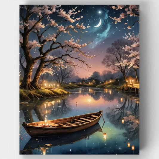  serene night scene with a boat on a lake, cherry blossom trees, and a crescent moon.