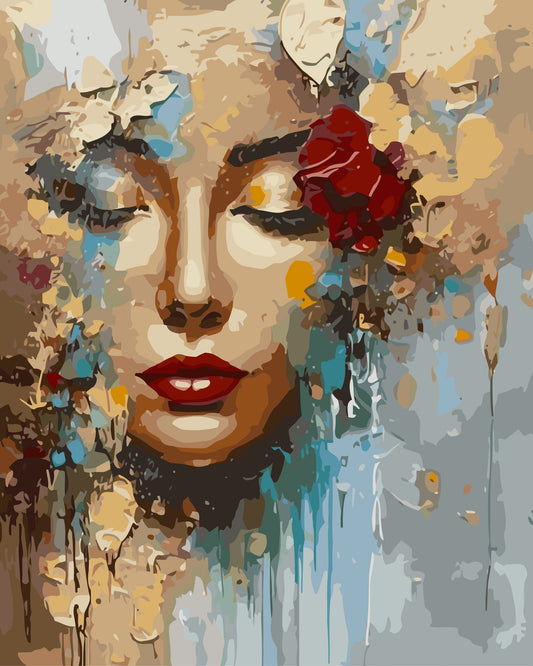 Abstract artwork with a face and flowers in a colorful palette