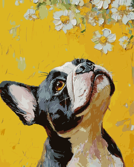 Painting of a dog with flowers on a yellow background