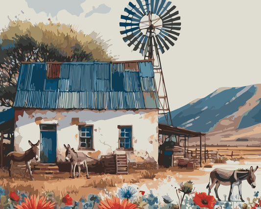 Painting of a rustic farm scene with a windmill, house, and donkeys.