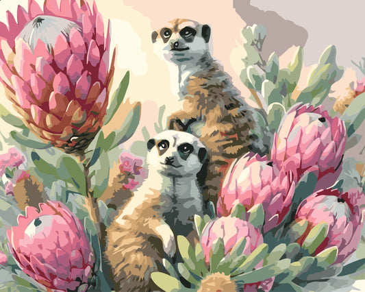 Two meerkats among pink protea flowers with a soft, pastel background